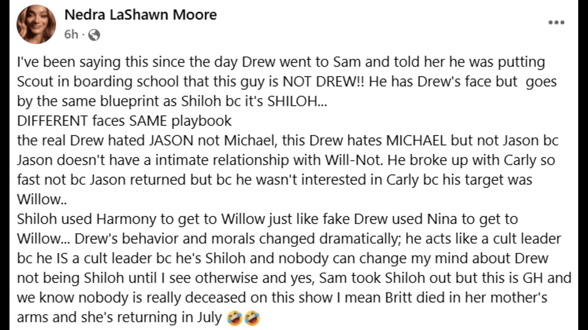 A Facebook post about Drew (Image via Facebook/General Hospital Fans - Official)